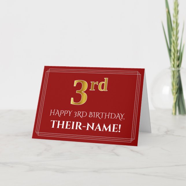 Elegant Faux Gold Look "3rd" Birthday, Name (Red) Card (Front)
