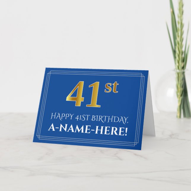 Elegant Faux Gold Look 41st Birthday, Name (Blue) Card (Front)