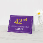 [ Thumbnail: Elegant Faux Gold Look 42nd Birthday, Name; Purple Card ]