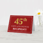 [ Thumbnail: Elegant Faux Gold Look "45th" Birthday, Name (Red) Card ]