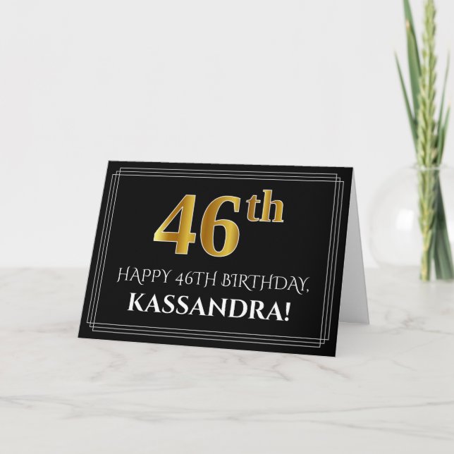 Elegant Faux Gold Look "46th" Birthday + Name Card (Front)