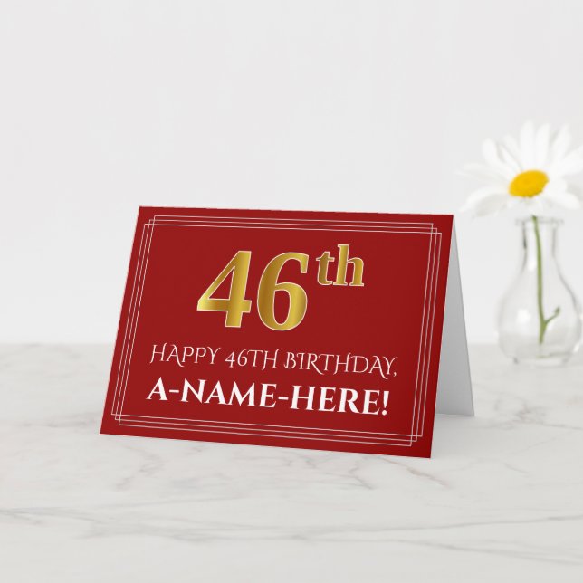 Elegant Faux Gold Look "46th" Birthday, Name (Red) Card (Small Plant)
