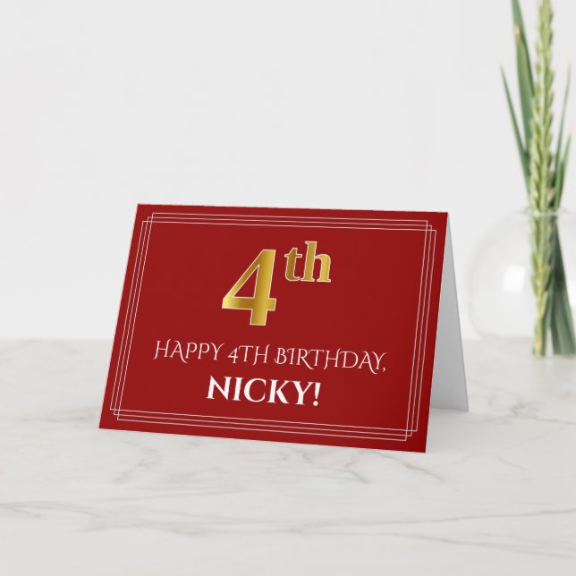 Elegant Faux Gold Look "4th" Birthday, Name (Red) Card (Front)