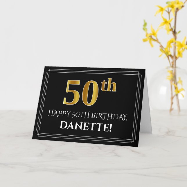 Elegant Faux Gold Look "50th" Birthday + Name Card (Yellow Flower)