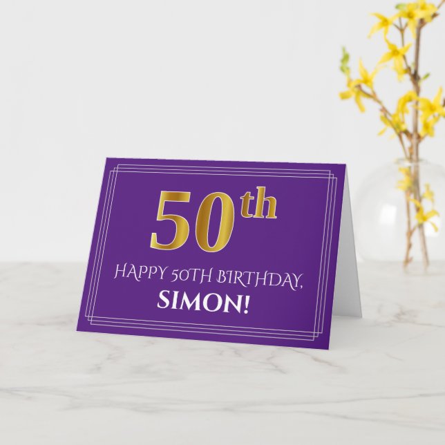 Elegant Faux Gold Look 50th Birthday, Name; Purple Card (Yellow Flower)