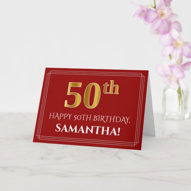 Elegant Faux Gold Look "50th" Birthday, Name (Red) Card (Orchid)