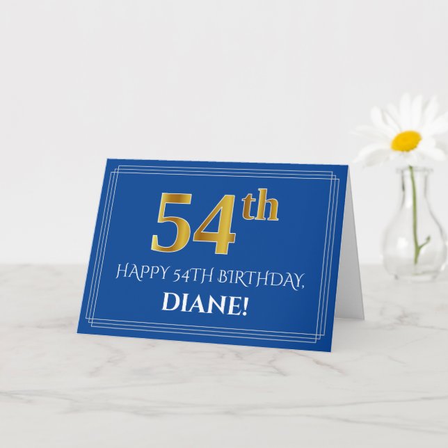 Elegant Faux Gold Look 54th Birthday, Name (Blue) Card (Small Plant)