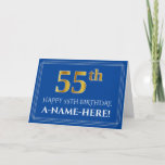 [ Thumbnail: Elegant Faux Gold Look 55th Birthday, Name (Blue) Card ]