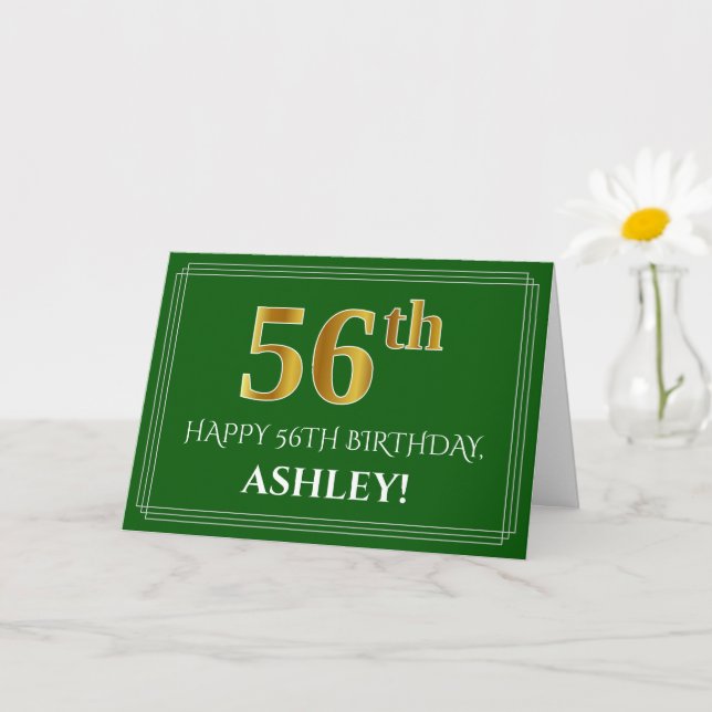Elegant Faux Gold Look 56th Birthday, Name (Green) Card (Small Plant)