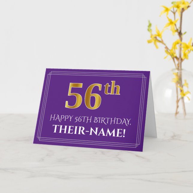 Elegant Faux Gold Look 56th Birthday, Name; Purple Card (Yellow Flower)