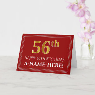 Elegant Faux Gold Look "56th" Birthday, Name (Red) Card