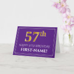 [ Thumbnail: Elegant Faux Gold Look 57th Birthday, Name; Purple Card ]