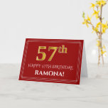 [ Thumbnail: Elegant Faux Gold Look "57th" Birthday, Name (Red) Card ]