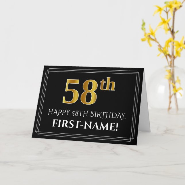 Elegant Faux Gold Look "58th" Birthday + Name Card (Yellow Flower)