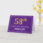 [ Thumbnail: Elegant Faux Gold Look 58th Birthday, Name; Purple Card ]