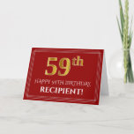 [ Thumbnail: Elegant Faux Gold Look "59th" Birthday, Name (Red) Card ]