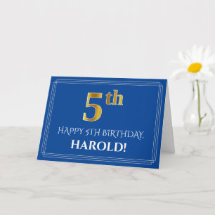 Elegant Faux Gold Look 5th Birthday, Name (Blue) Card
