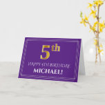 [ Thumbnail: Elegant Faux Gold Look 5th Birthday, Name; Purple Card ]