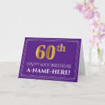 [ Thumbnail: Elegant Faux Gold Look 60th Birthday, Name; Purple Card ]