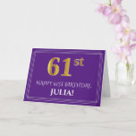 [ Thumbnail: Elegant Faux Gold Look 61st Birthday, Name; Purple Card ]