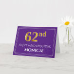 [ Thumbnail: Elegant Faux Gold Look 62nd Birthday, Name; Purple Card ]