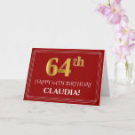 [ Thumbnail: Elegant Faux Gold Look "64th" Birthday, Name (Red) Card ]