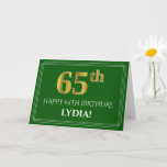 [ Thumbnail: Elegant Faux Gold Look 65th Birthday, Name (Green) Card ]
