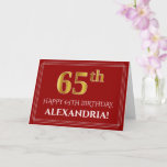 [ Thumbnail: Elegant Faux Gold Look "65th" Birthday, Name (Red) Card ]