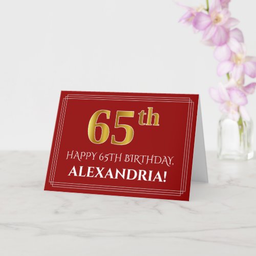 Elegant Faux Gold Look 65th Birthday Name Red Card