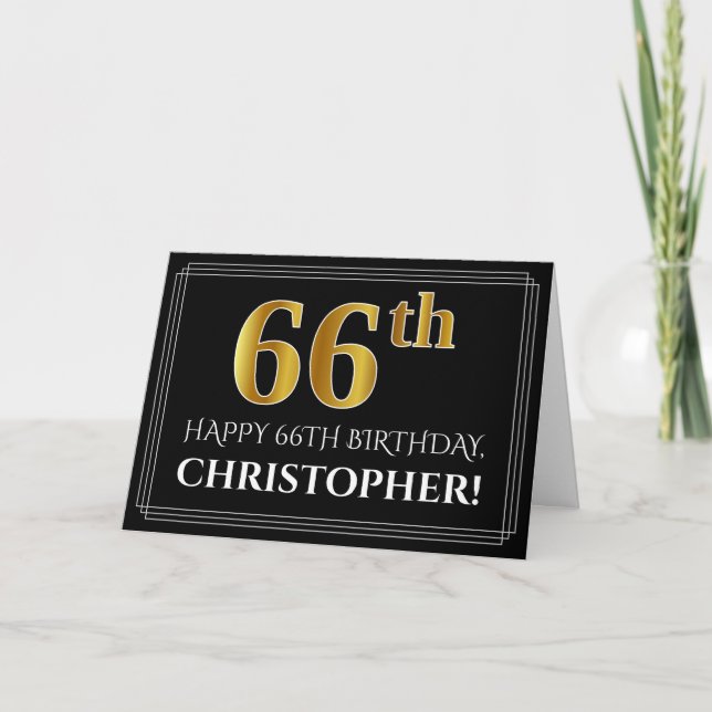 Elegant Faux Gold Look "66th" Birthday + Name Card (Front)