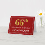 [ Thumbnail: Elegant Faux Gold Look "66th" Birthday, Name (Red) Card ]
