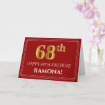[ Thumbnail: Elegant Faux Gold Look "68th" Birthday, Name (Red) Card ]