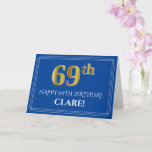 [ Thumbnail: Elegant Faux Gold Look 69th Birthday, Name (Blue) Card ]