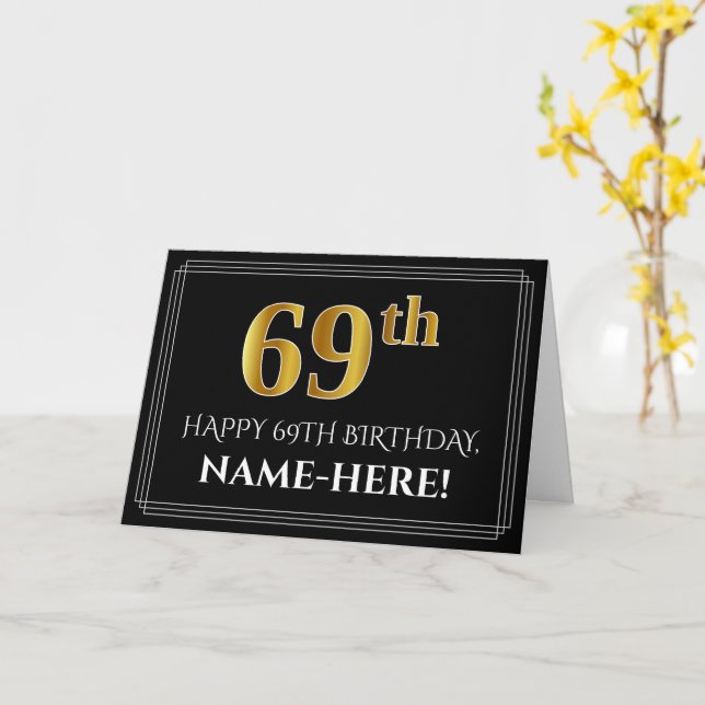 Elegant Faux Gold Look "69th" Birthday + Name Card (Yellow Flower)