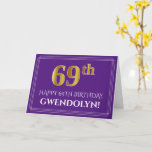 [ Thumbnail: Elegant Faux Gold Look 69th Birthday, Name; Purple Card ]