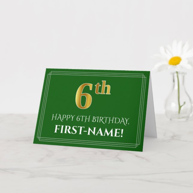 Elegant Faux Gold Look 6th Birthday, Name (Green) Card (Small Plant)