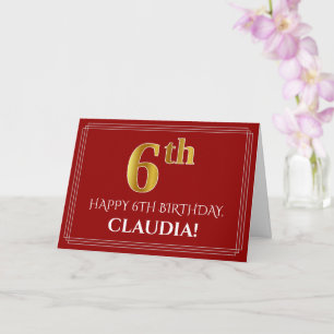Elegant Faux Gold Look "6th" Birthday, Name (Red) Card