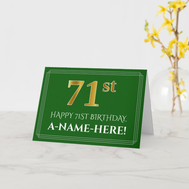 Elegant Faux Gold Look 71st Birthday, Name (Green) Card (Yellow Flower)