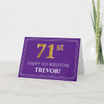 [ Thumbnail: Elegant Faux Gold Look 71st Birthday, Name; Purple Card ]