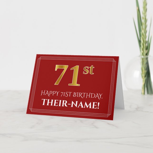 Elegant Faux Gold Look "71st" Birthday, Name (Red) Card (Front)