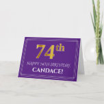 [ Thumbnail: Elegant Faux Gold Look 74th Birthday, Name; Purple Card ]
