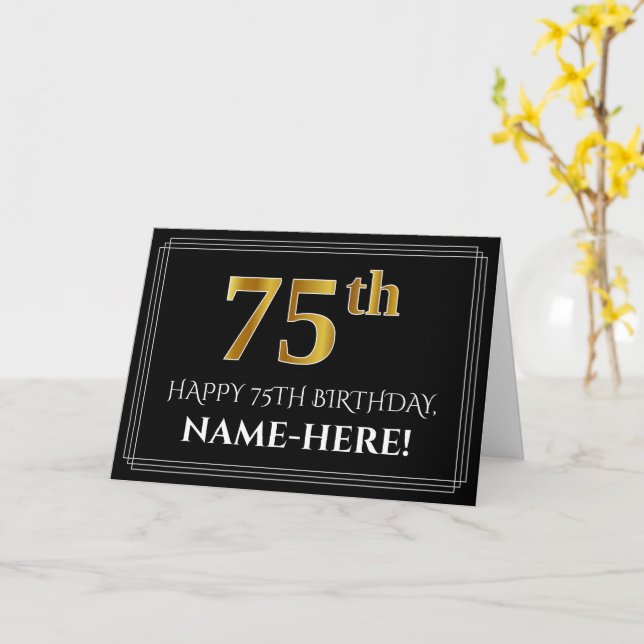 Elegant Faux Gold Look "75th" Birthday + Name Card (Yellow Flower)