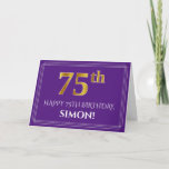 [ Thumbnail: Elegant Faux Gold Look 75th Birthday, Name; Purple Card ]