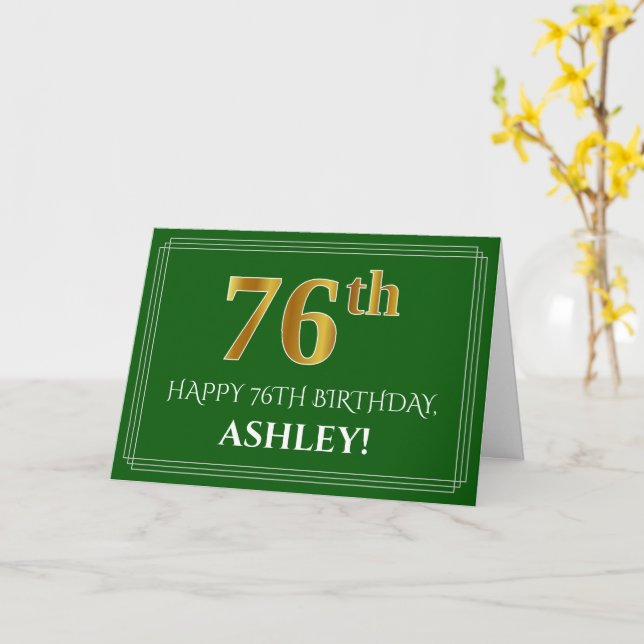 Elegant Faux Gold Look 76th Birthday, Name (Green) Card (Yellow Flower)