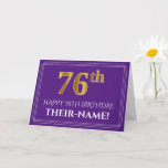 [ Thumbnail: Elegant Faux Gold Look 76th Birthday, Name; Purple Card ]