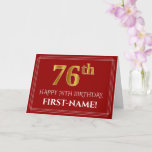 [ Thumbnail: Elegant Faux Gold Look "76th" Birthday, Name (Red) Card ]