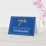 [ Thumbnail: Elegant Faux Gold Look 7th Birthday, Name (Blue) Card ]