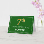 [ Thumbnail: Elegant Faux Gold Look 7th Birthday, Name (Green) Card ]