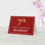 [ Thumbnail: Elegant Faux Gold Look "7th" Birthday, Name (Red) Card ]