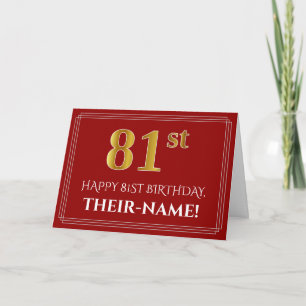 Elegant Faux Gold Look "81st" Birthday, Name (Red) Card
